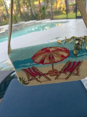 Beaded Beach Scene Wristlet Clutch in Turquoise and Beige